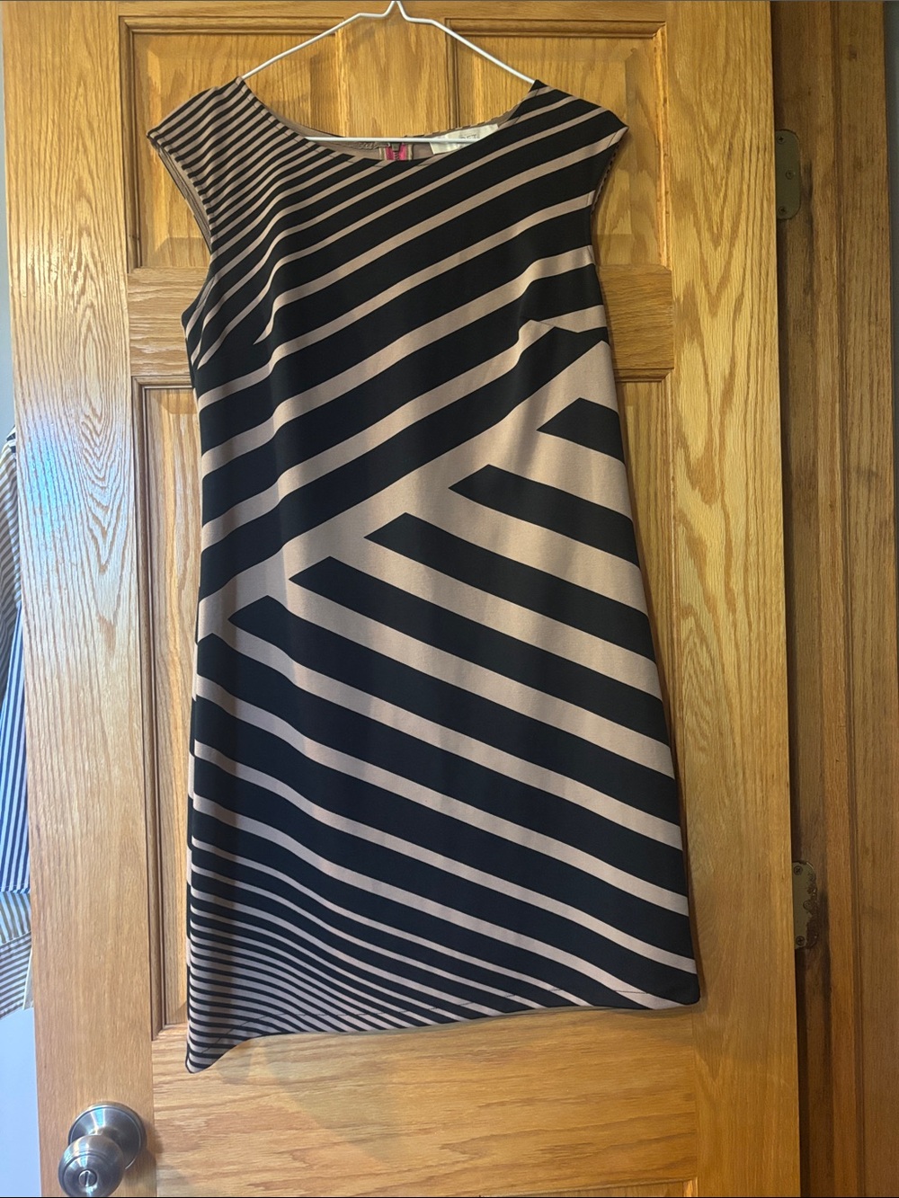 LOFT Black and Taupe Striped Mini Shift Dress